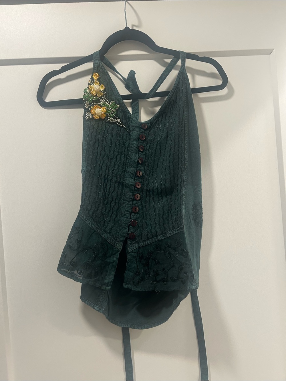 Fairycore Embroidered Dark Green Women's Halter Camisole with Button Front